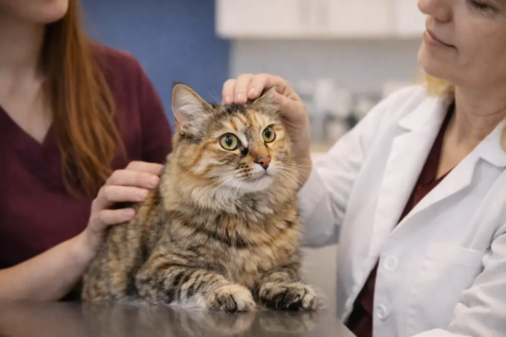 Veterinary team gently handling a cat during a wellness exam at Arnold Veterinary Hospital in Arnold, MD